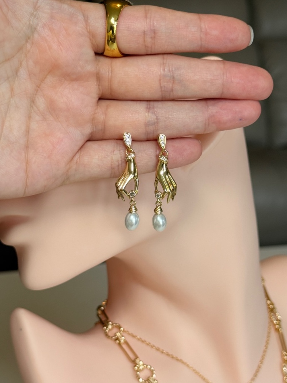 Gold Hand Pearl Drop Earrings - Picture 13 of 13